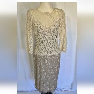 Tadashi Shoji Lace Latte Pumice Party Cocktail Sheath Dress US 4 3/4 Sleeve